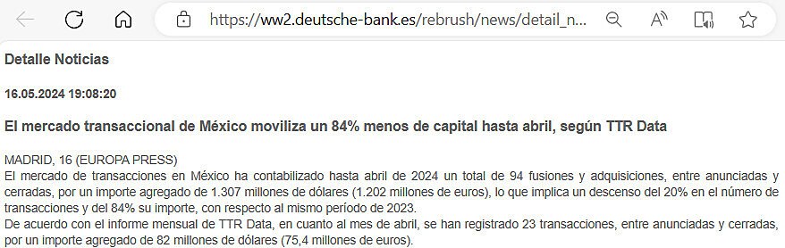 El mercado transaccional de Mxico moviliza un 84% menos de capital hasta abril, segn TTR Data